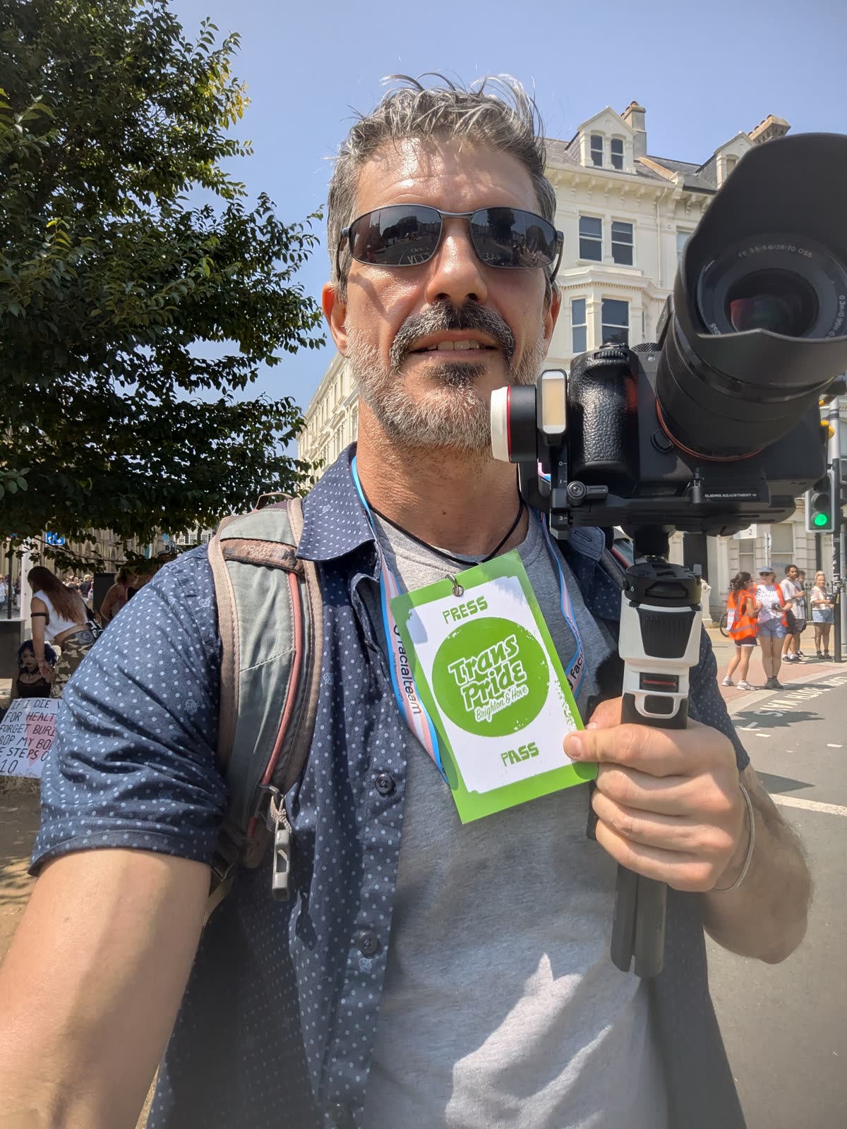 Press pass and camera rig at Trans Pride Brighton