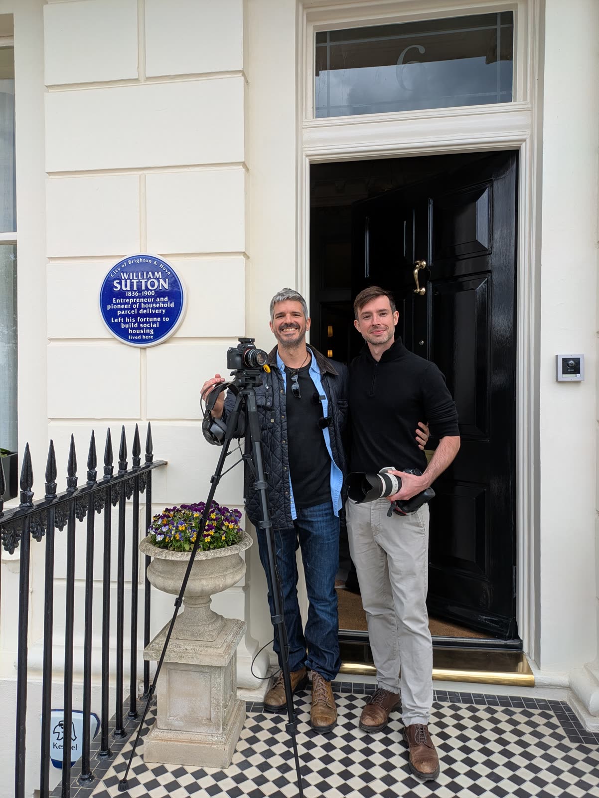 Eduardo and his second camera operator at the William Sutton blue plaque