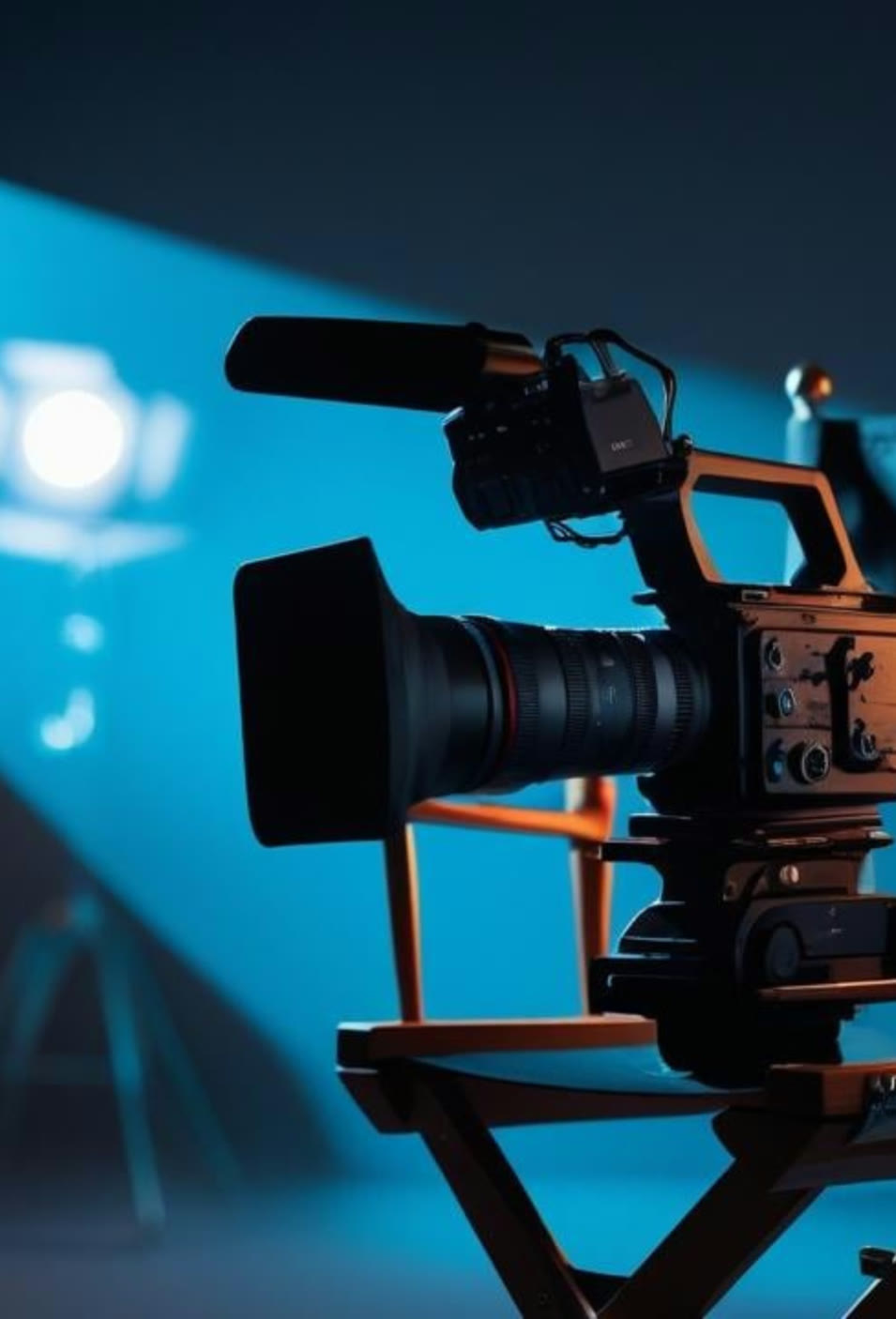 Cinema camera on a film set lit in blue